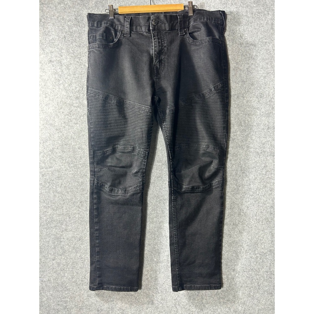 True Religion Mens Biker Moto Jeans Black Slim‎ Fit Ribbed Knee Denim Size 40